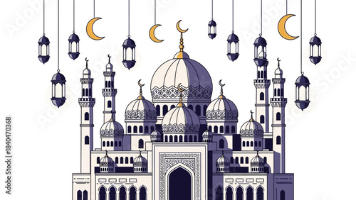 Grand mosque with ornate domes, tall minarets, festive lanterns, and golden crescents