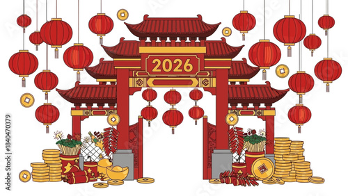 Festive red gateway with lanterns, coins, firecrackers, and 2026