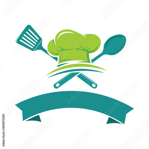 Vector art of chef hat spatula and spoon logo with banner for restaurant or cooking business