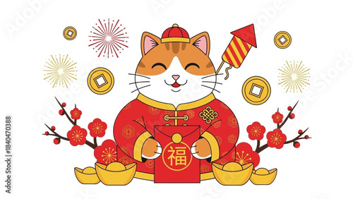 Happy cat in red attire holds red envelope & firecracker, surrounded by blossoms, coins, ingots, fireworks