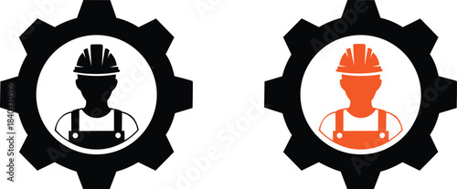 Vector art of worker icon in gear silhouette set black and orange variations 