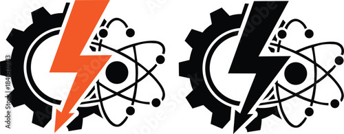 Vector art of set of two icons representing electrical engineering, mechanics, and physics concepts