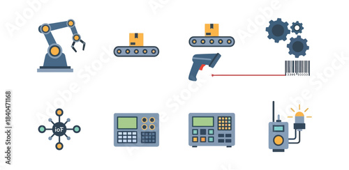 Industrial automation and manufacturing icons set on black background