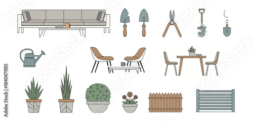 Garden tools and furniture vector set for design