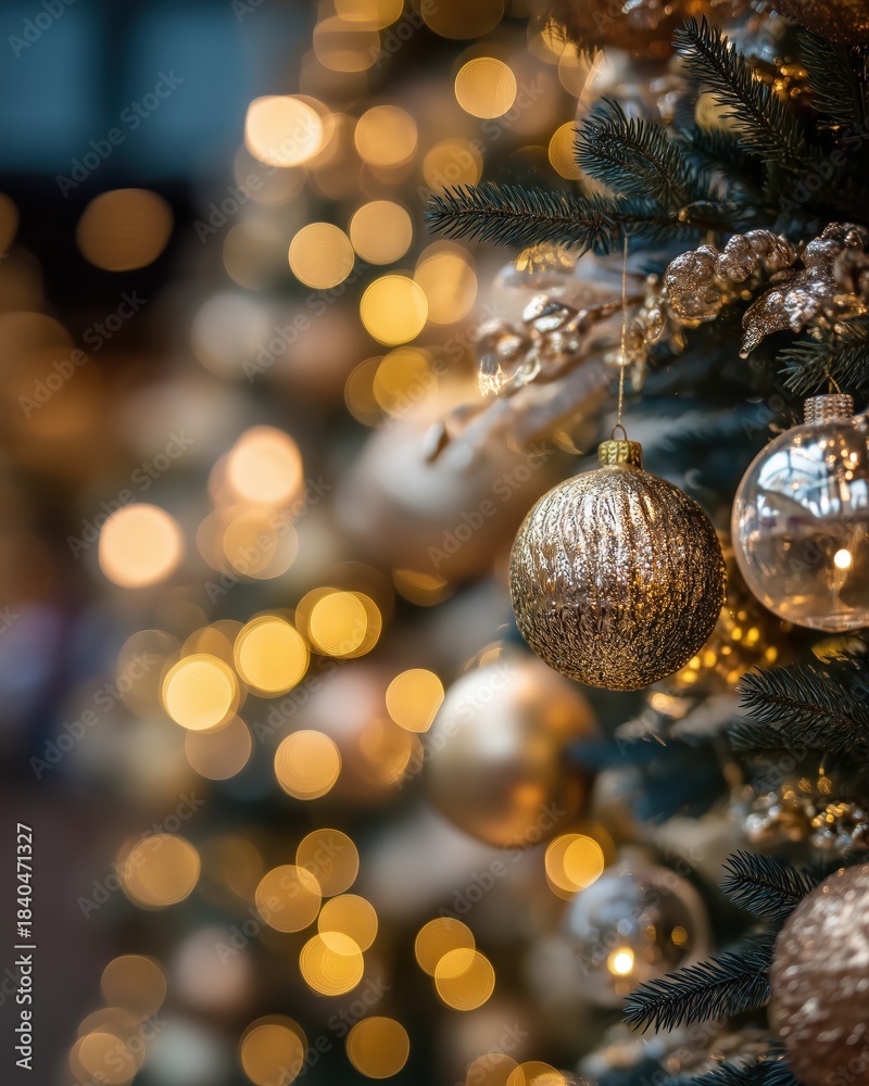 Fototapeta premium A close-up of beautifully decorated Christmas tree ornaments, shimmering with golden highlights and soft glowing lights in the background.
