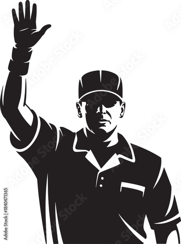Umpire signaling stop or timeout with raised hand