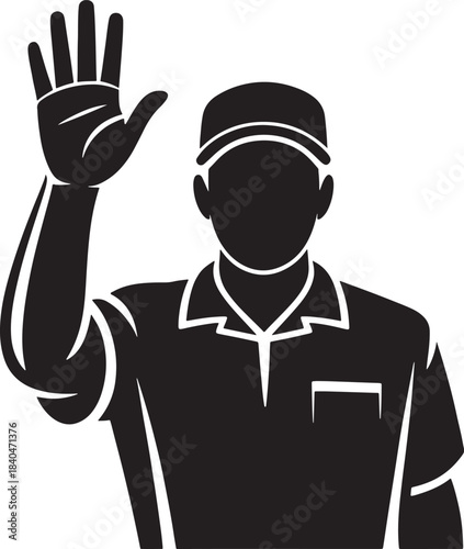 Silhouette of a man in a cap and polo shirt waving hand