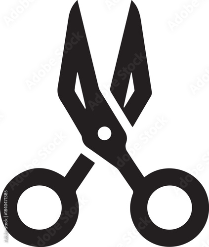 Black and White Abstract Scissors Logo with Unique Geometric Handle and Curved Blade Tips