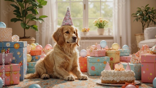 Golden retriever celebrating birthday with cake and presents