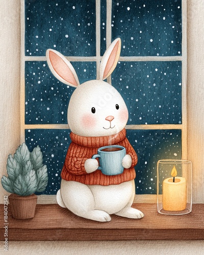 Whimsical watercolor cozy cartoon Christmas A cozy rabbit in a sweater enjoys a warm drink by a window during snowfall.