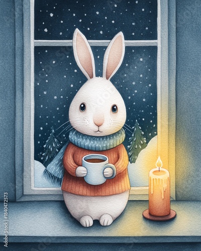 Whimsical watercolor cozy cartoon Christmas A cozy rabbit in a sweater holding a cup by a candlelit window with a snowy backdrop.