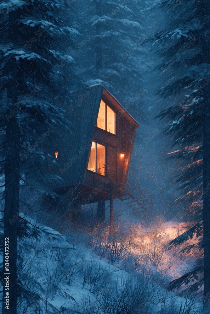 Obraz premium A modern cabin nestled in a snowy forest, illuminated by warm lights, creating a cozy and inviting atmosphere in winter.