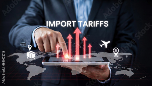 Professional executive analyzes rising import tariffs impacting global trade logistics using a futuristic digital interface