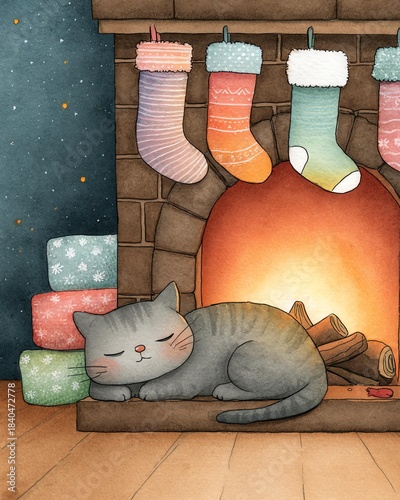 Whimsical watercolor cozy cartoon Christmas A cozy cat sleeping by a warm fireplace adorned with colorful stockings and festive gifts.