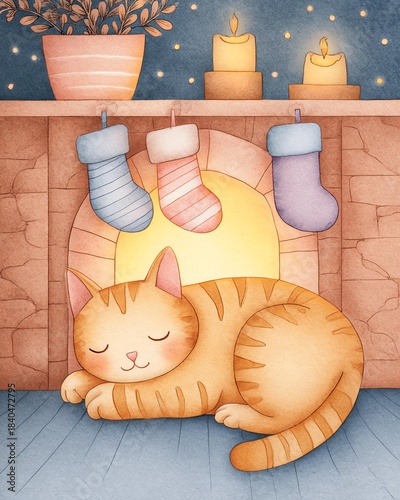Whimsical watercolor cozy cartoon Christmas Cozy illustration of a sleeping cat by a decorated fireplace with stockings and candles.