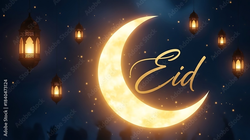 Fototapeta premium Golden crescent moon and lanterns illuminate a festive eid celebration in the night sky