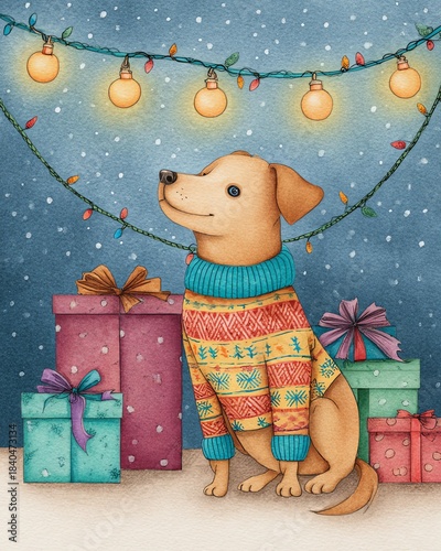 Whimsical watercolor cozy cartoon Christmas A festive dog in a colorful sweater surrounded by gift boxes and string lights in a cozy setting.