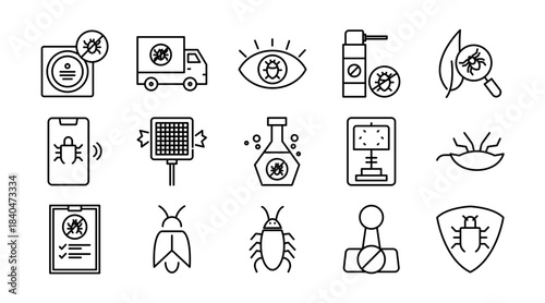 Pest Control line icon set. Insects, rodents, rats, bug spray, traps, extermination, termite, mosquito, cockroach, flea, pest management, home protection icon vector illustration. Pixel-perfect stroke