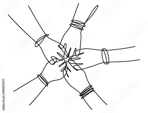 One continuous line drawing of business people joining hands to create a five-star shape, representing teamwork, unity, collaboration, and professional group success in single-line vector style