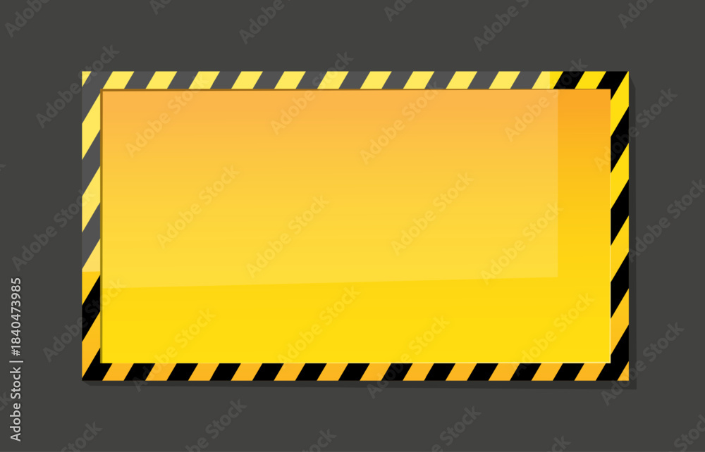 Fototapeta premium Rectangular warning banner template with black and yellow stripes around edges. Bright signboard. Glossy surface plate. Caution billboard. Industrial safety. Vector attention background