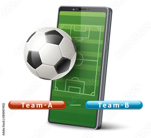 Realistic smartphone with soccer field on screen and ball to play. Online sport betting. Bookmaker web service. Football tournament gambling bet. Athletic competition. Vector concept