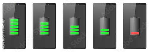 Realistic smartphone with different battery charge levels. Phone accumulator power amount. Electrical capacity. Recharge technology. Charging indicator at display. Vector cellphones set