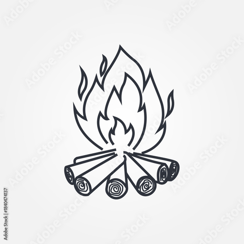 Campfire or bonfire outdoor for camping adventure. Stump with an ax. Nature outdoor recreation, forest explore