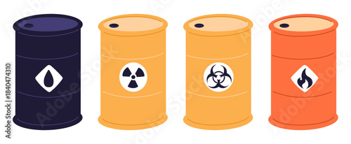 Metal barrels containing oil, explosive flammable liquids and toxic waste. Chemical and nuclear pollution storage. Gasoline tank. Petroleum cask. Hazardous substance. Vector isolated set
