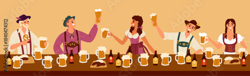 Men and women celebrate beer Bavarian festival. Happy people at table with ale pint glasses or alcohol bottles. Oktoberfest celebration. German holiday. Fried sausages snack. Vector concept