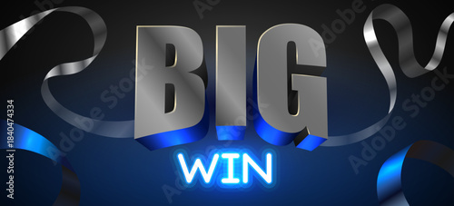 Big Win 3D metallic and neon text on dark background with elegant ribbons.