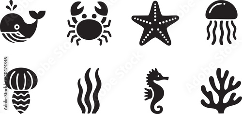 Bold Marine Icons. Marine Ecosystems silhouette icon set: whale, crab, starfish, plankton, sea anemone, kelp forest, seahorse, coral branch