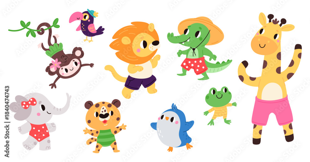 Fototapeta premium Cute cartoon animals in summer clothes. Happy mammal. Lion and giraffe. Elephant at beach. Crocodile in swimsuit. Joyful penguin. Monkey and frog fun. Vector isolated characters set