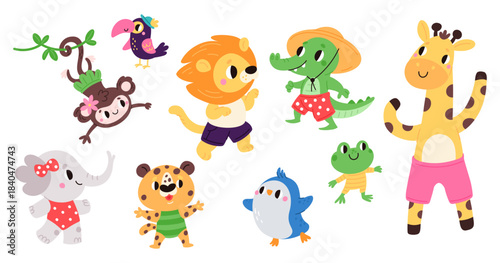 Cute cartoon animals in summer clothes. Happy mammal. Lion and giraffe. Elephant at beach. Crocodile in swimsuit. Joyful penguin. Monkey and frog fun. Vector isolated characters set