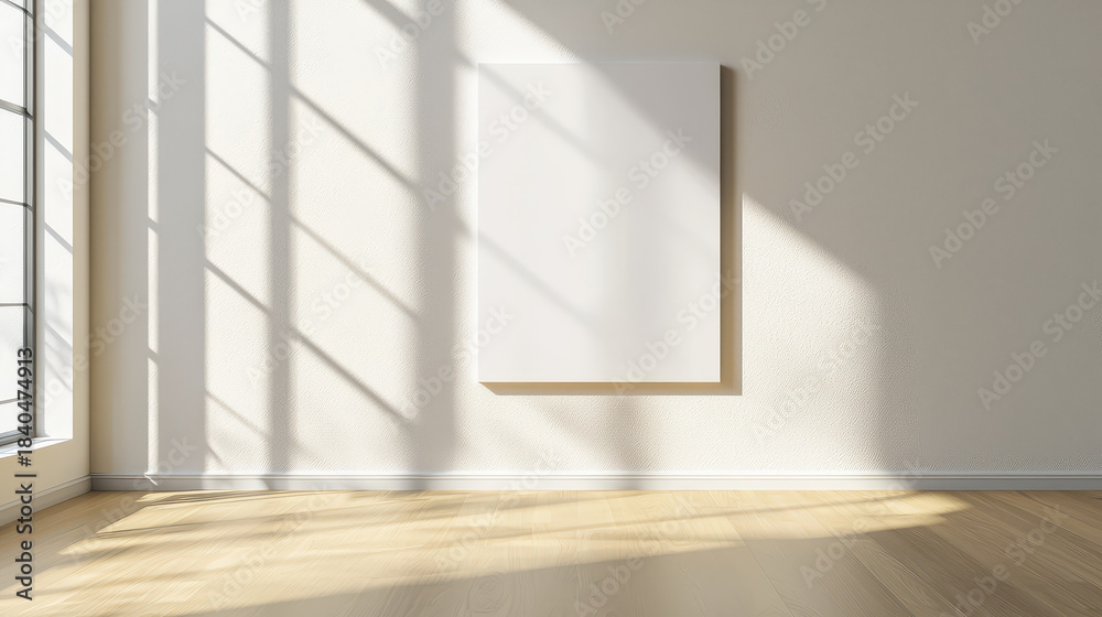 Fototapeta premium Bright studio with white frame on wall, sunlight casting shadows on floor, creating serene atmosphere