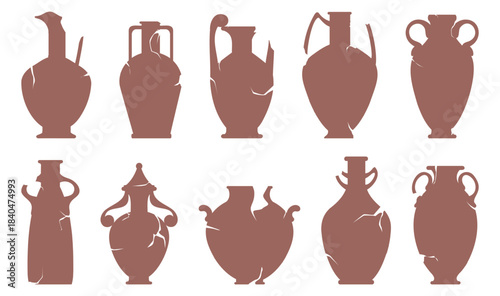 Ancient Greek vases. Archaeological ceramic amphorae with fissures. Historical pottery. Earthenware pots. Pitcher fragments. Vector set silhouettes of broken and cracked antique vessels