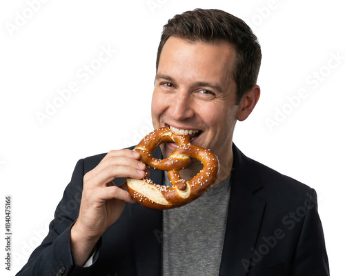 Happy Man Biting into a Pretzel on White Background