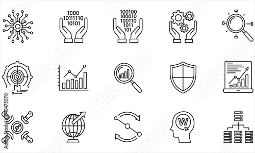 Digital Data Analysis and Security Icons Representing Technology and Information