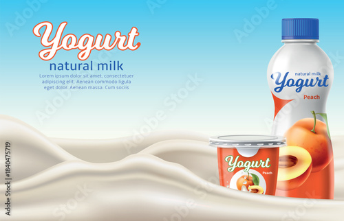 Yogurt bright advertising banner design template. Realistic plastic 3d packaging for dairy products. Peach taste. Fermented milk with apricot. Liquid waves and splashes. Vector background