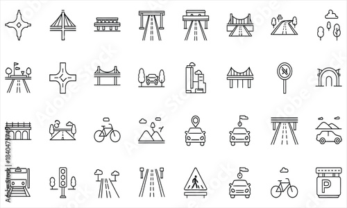 Comprehensive Set of Minimalist Vector Outline Icons Illustrating Roads, Transport, Travel, and Urban Infrastructure Elements