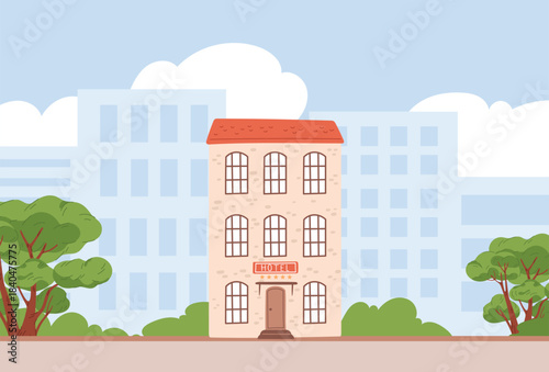 Three story city hotel against backdrop of cityscape with high rise building. Urban architecture. Motel house. Hostel entrance. Guesthouse facade. Guest accommodation. Vector background