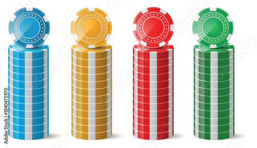 Realistic stacks of colorful poker chips for casino games. Vegas tokens column. Gambling luck. Play risky game. Winning color circles. Gamble coin. Vector isolated objects mockup set