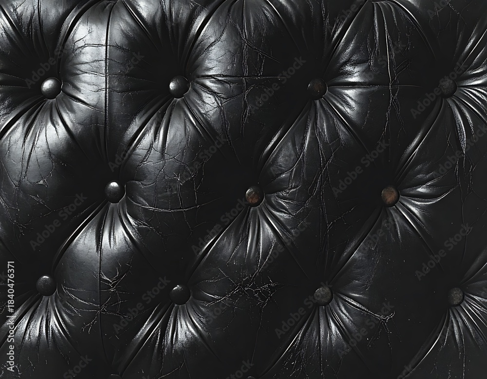 Naklejka premium Dark, tufted leather surface with button accents shows aged patina, cracks, and subtle highlights