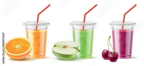 Juice in plastic cup with fruit. Cold drinks. Realistic smoothies in glasses. Disposable container with lids and straw. Cherry cocktail. Orange fresh. Apple beverage. Vector 3D objects set