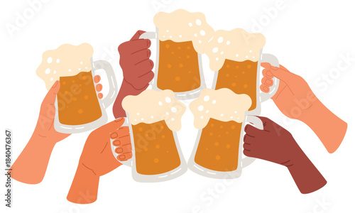 Human hands holding large glasses of foamy alcohol beer. Relaxing on weekends with friends in pub. Oktoberfest party. Ale mugs cheers. Celebrating with alcoholic drinks. Vector concept