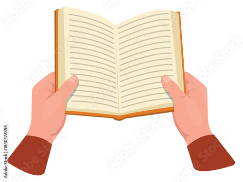 Hands hold open book. Man reads literary work. Novel pages. Reader arms. Textbook knowledge. University education. School library. Bookworm fingers. Literature wisdom. Vector concept