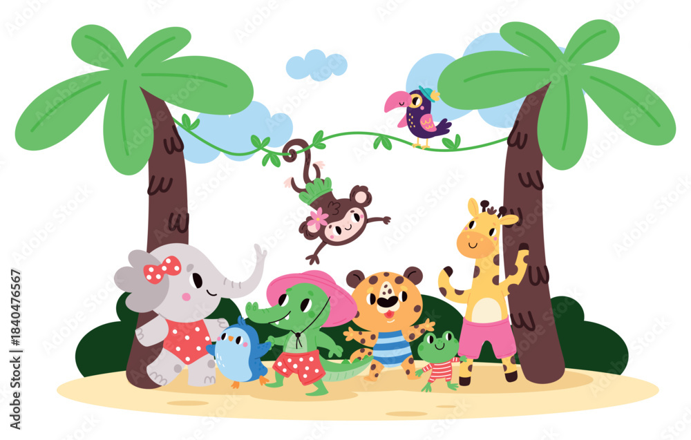 Fototapeta premium Cute cartoon animals having fun in jungle among palm trees and vines. Happy mammal. Beach party. Crocodile, lion and elephant in swimsuits. Summer vacation. Vector kids illustration