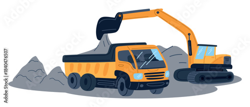 Excavator loads earth into large dump truck. Construction and road work. Building site equipment. Heavy digging machinery. Cargo transport. Tractor with excavating bucket. Vector concept