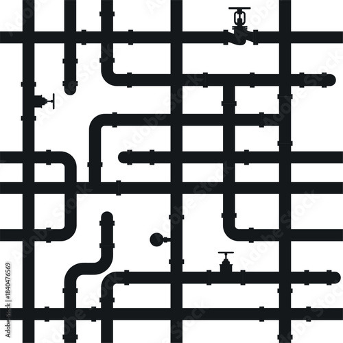 Curved water pipes with valves, taps and pressure gauges. Seamless pattern plumbing system. Black silhouette canalization tubes. Sewage engineering. Intertwined pipeline. Vector background