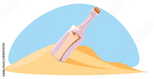Bottle with letter asking for help sticks out of pile of sand. Rescue message from shipwreck. Nautical SOS note. Parchment scroll mail. Notice container castaway at beach. Vector concept
