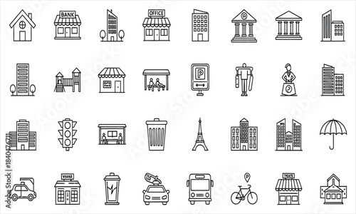 Urban Icons, Cityscape, Various Locations, Illustration, Minimalist Design, Aerial View, City Life Concept